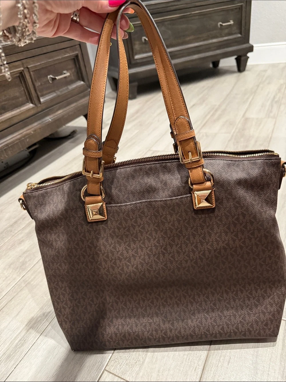 Michael Kors Brown Logo-Print Tote with Tan Straps